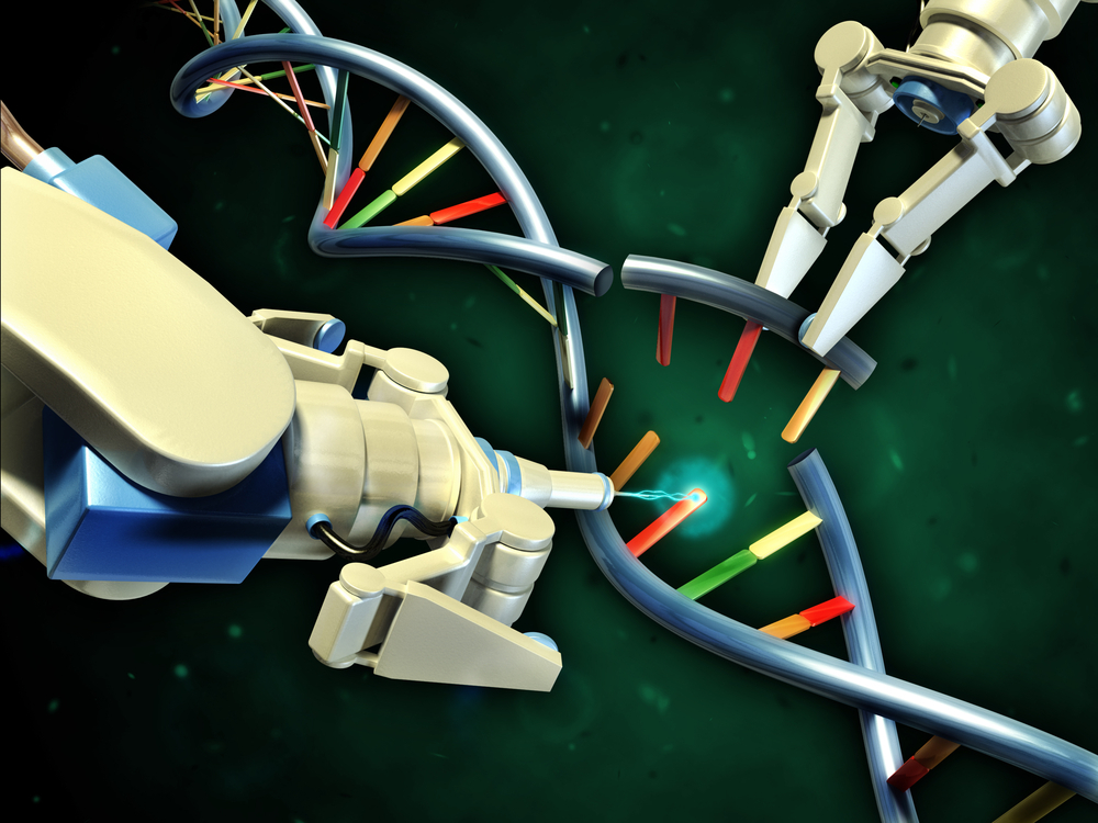 Genome editing uses protein machines to cut DNA in precise places. Using it to edit genes in brain cells is complicated and risky though. And it doesn't actually use robot arms.  