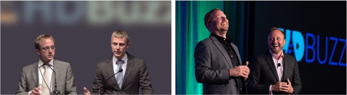 Then and now: Ed and Jeff in 2011 at one of their first presentations as HDBuzz (left), and later in 2023 presenting at an HDSA convention (right).  