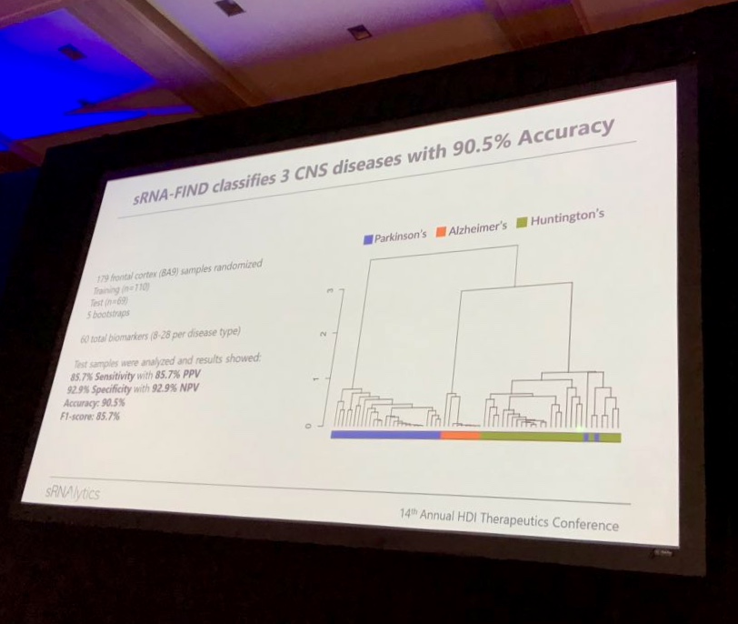 A panel of 60 small RNAs in CSF can distinguish between Huntingtonās, Alzheimerās and Parkinsonās with decent accuracy, but more work is needed to understand how such biomarkers might help is develop treatments