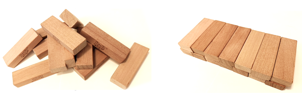 Sometimes aggregates are a jumbled mess of lots of protein molecules all higgledy piggledy like the pile of Jenga bricks on the left hand side. But other times, the molecules are much more organised and form repetitive structures like the neatly stacked Jenga bricks on the right hand side.