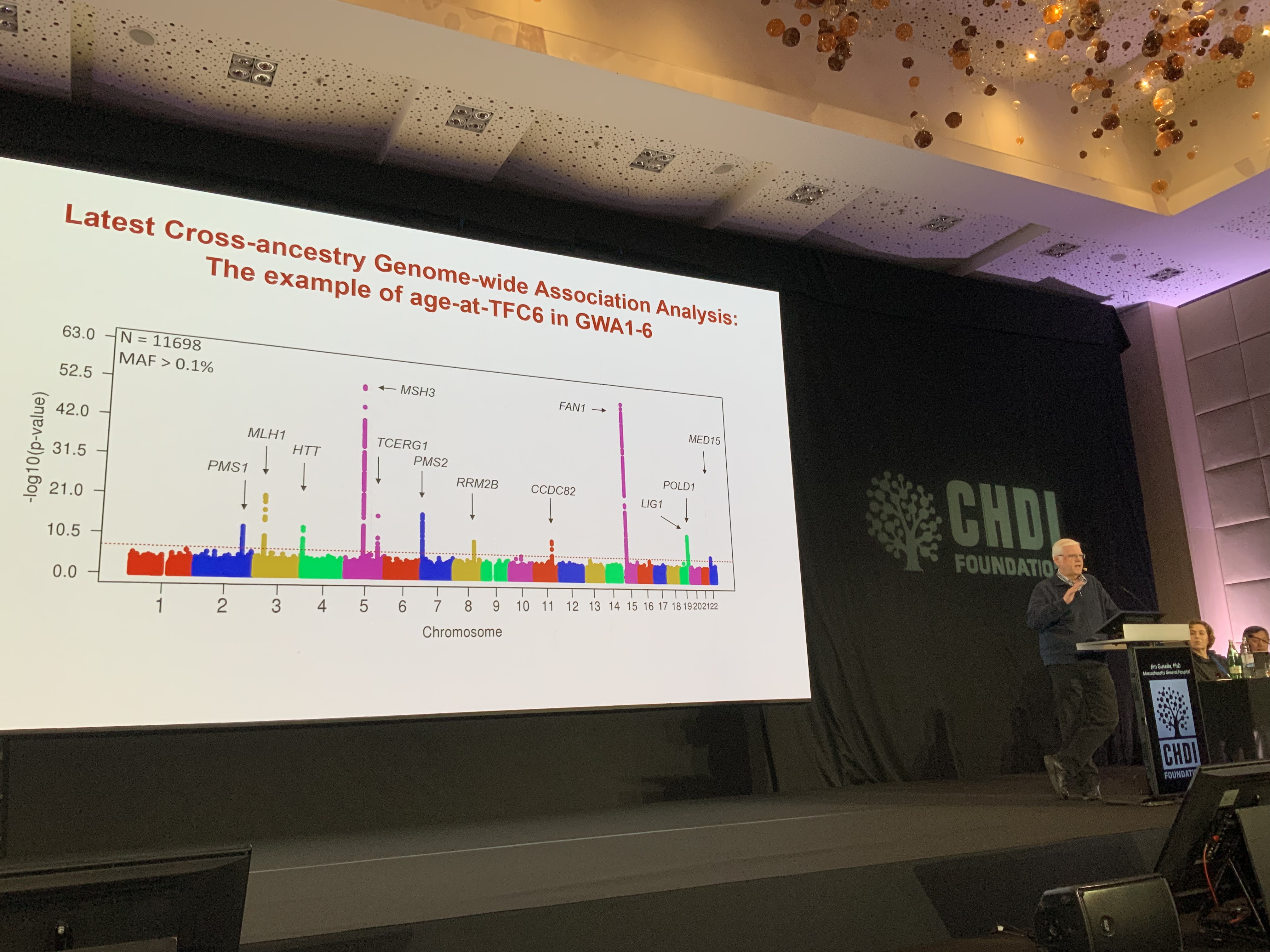 Dr. Jim Gusella shares a "Manhattan plot", named for it's visual similarity to large skyscrapers. Tall peaks identify genetic modifiers in HD.