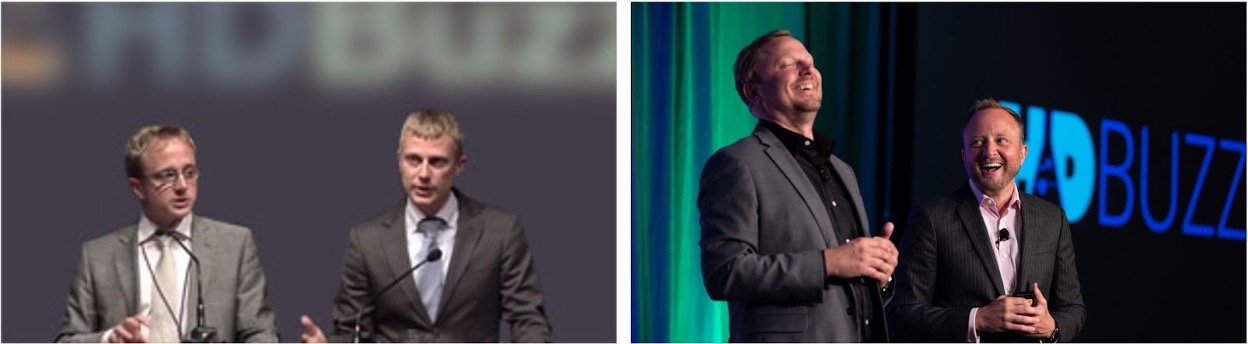 Then and now: Ed and Jeff in 2011 at one of their first presentations as HDBuzz (left), and later in 2023 presenting at an HDSA convention (right).