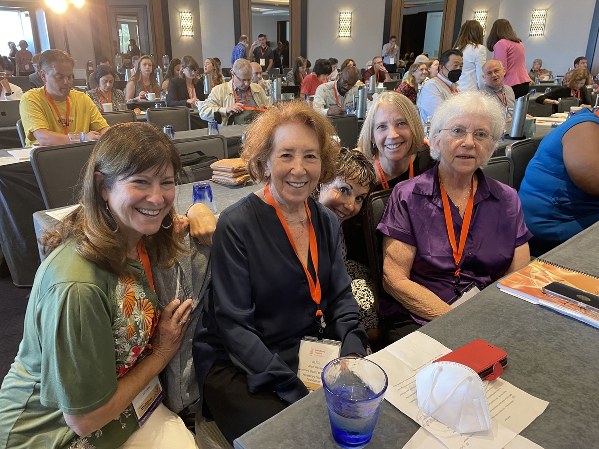 Key opinion leaders in the field of HD research gather for a photo op during one of the breaks. (L to R: Dr. Leslie M. Thompson, Alice Wexler, Dr. Sarah Tabrizi, Dr. Bev Davidson, Dr. Anne Young)  
