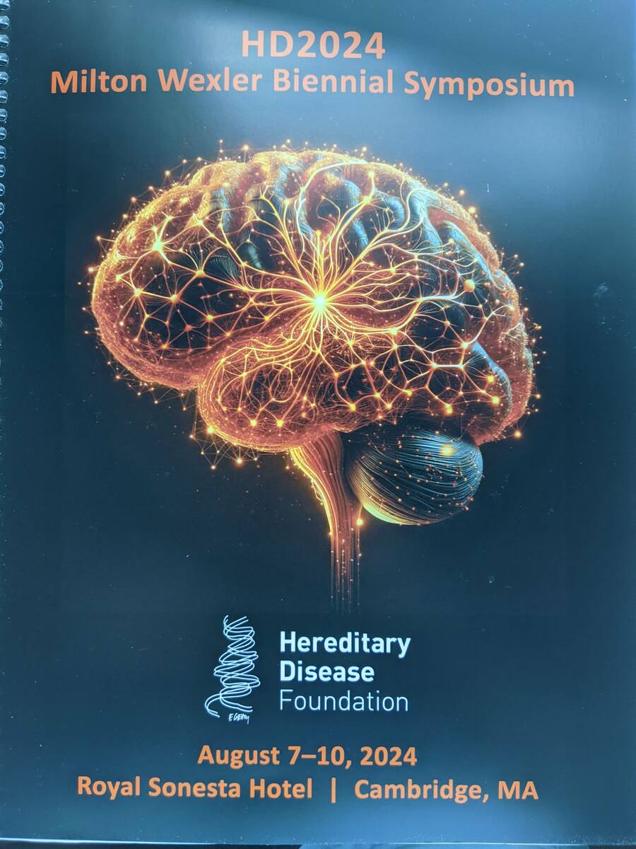 The beautiful program cover for HDF's HD2024 meeting, highlighting connections across the brain, culminating in a hub at the striatum - the central brain region most affected in HD.  